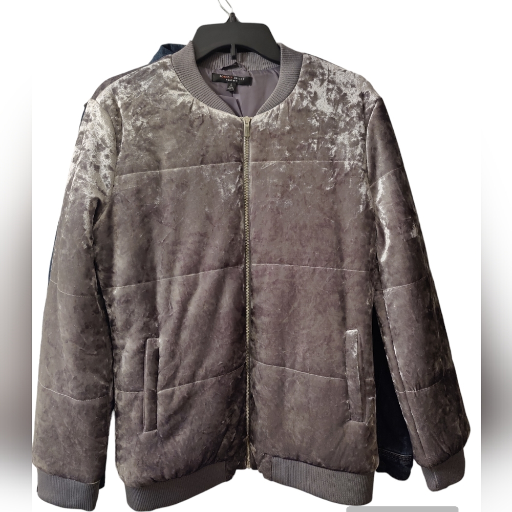 Romeo & Juliet Couture Crushed Velvet Bomber Jacket Silver Grey L